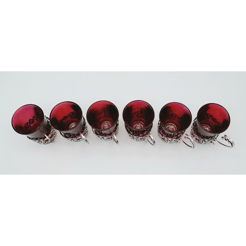 164 - Rarely seen in such condition a complete set of six antique small cranberry glasses with sterling si... 