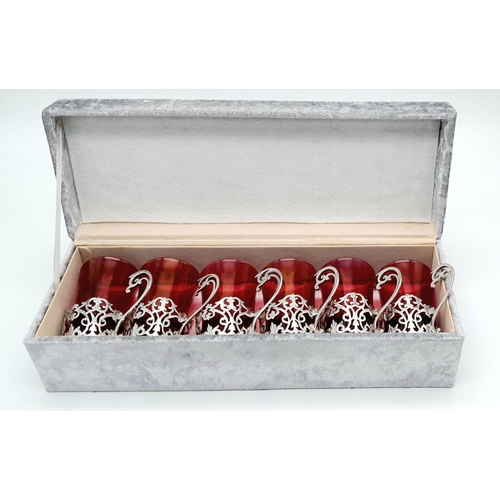 164 - Rarely seen in such condition a complete set of six antique small cranberry glasses with sterling si... 