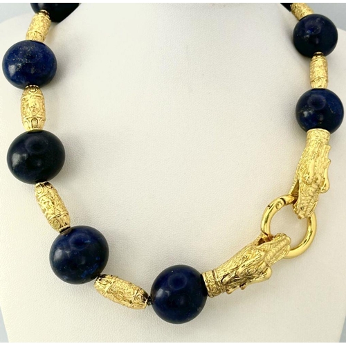 178 - A majestic lapis lazuli and gold-filled Chinese dragons necklace and earrings set. Large, statement,... 