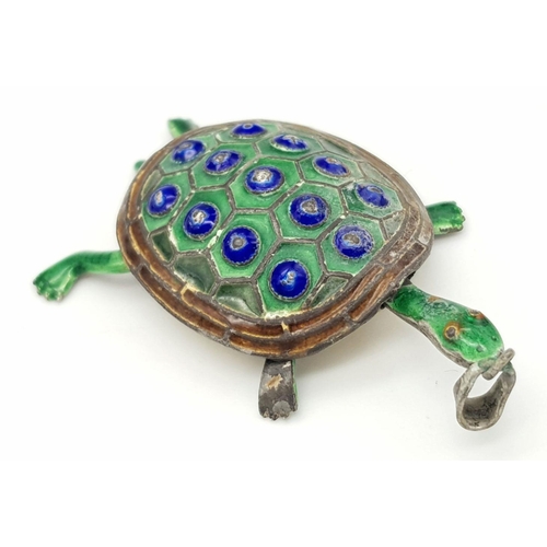 1940 - A Vintage Articulated Turtle Pendant - Enamel Decoration. 5cm.