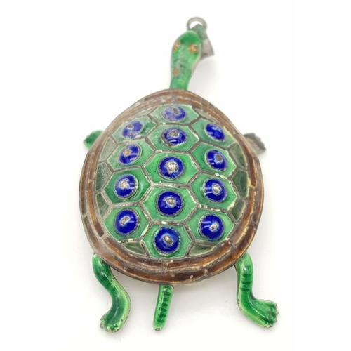 1940 - A Vintage Articulated Turtle Pendant - Enamel Decoration. 5cm.