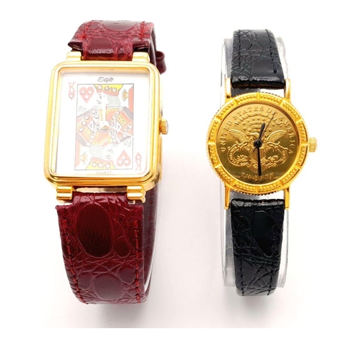 1984 - Two Fun Dial Quartz Ladies Watches - King of hearts and gold coin. Both need a battery so as found.