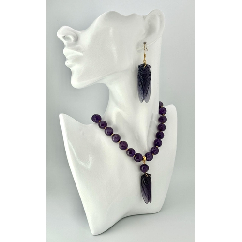 234 - An exquisite, amethyst necklace and earrings set with pendant cicadas. Necklace length: 47 cm, earri... 