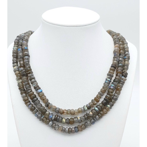 262 - A top quality three-strand labradorite (variety blue flash) necklace, exhibiting excellent iridescen... 