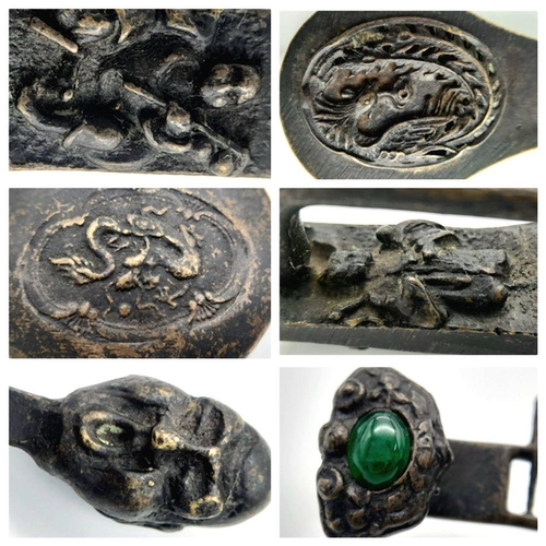 269 - A rare antique Chinese Bronze Chastity belt padlock in the shape of a four-string lute with a green ... 