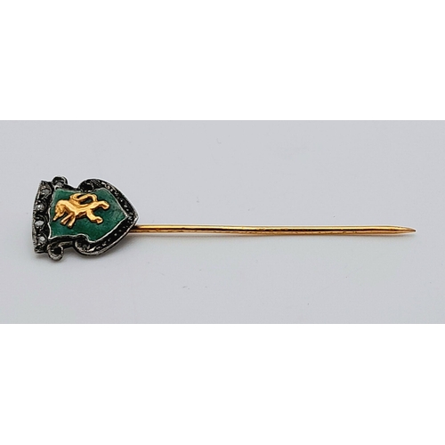 891 - An Antique High Grade Gold Stick Pin with Enamel and Old Cut Diamond Decoration. 4cm. 1.4g.