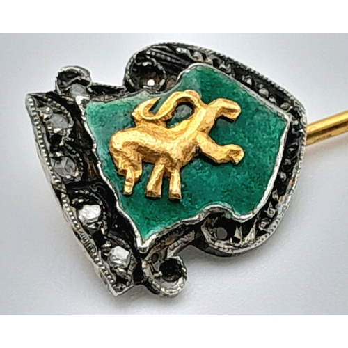 891 - An Antique High Grade Gold Stick Pin with Enamel and Old Cut Diamond Decoration. 4cm. 1.4g.