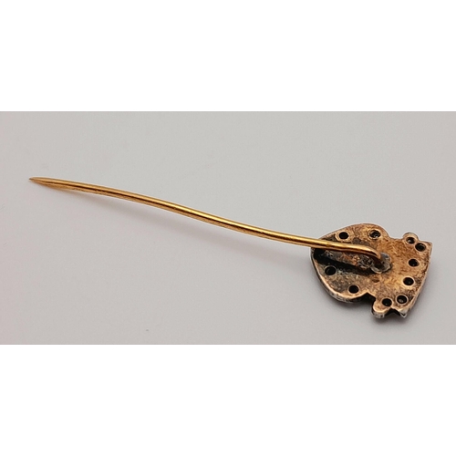 891 - An Antique High Grade Gold Stick Pin with Enamel and Old Cut Diamond Decoration. 4cm. 1.4g.