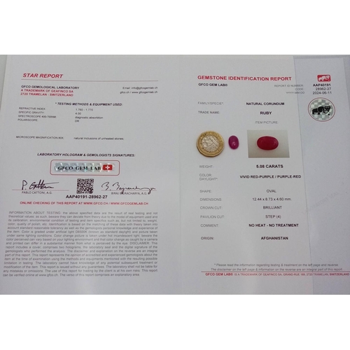 1115 - A 5.08ct Untreated Afghanistan Mines Ruby Gemstone, Oval Shape Comes with GFCO certificate.