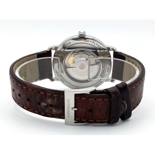 130 - A Montblanc Automatic Gents Watch. Brown leather strap. Stainless steel case - 41mm. White dial with... 