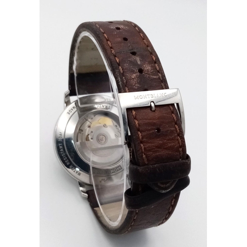 130 - A Montblanc Automatic Gents Watch. Brown leather strap. Stainless steel case - 41mm. White dial with... 