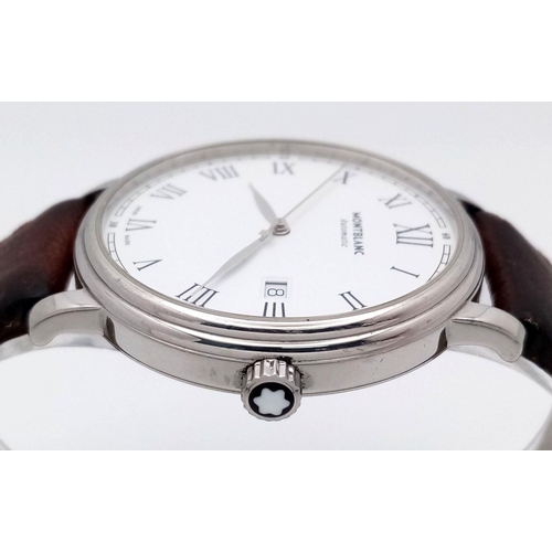 130 - A Montblanc Automatic Gents Watch. Brown leather strap. Stainless steel case - 41mm. White dial with... 