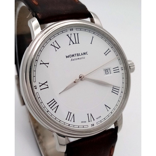 130 - A Montblanc Automatic Gents Watch. Brown leather strap. Stainless steel case - 41mm. White dial with... 