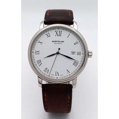 130 - A Montblanc Automatic Gents Watch. Brown leather strap. Stainless steel case - 41mm. White dial with... 