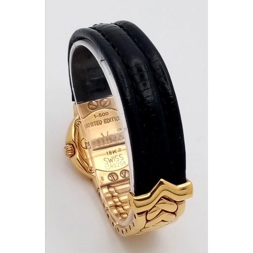 137 - A Versace 18K Gold Limited Edition Horology Quartz Ladies Watch. 18k gold and black leather bracelet... 