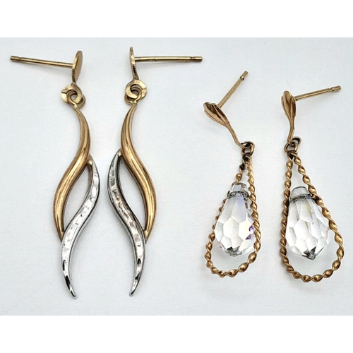 1606 - Two Pairs of 9K Gold Earrings - 'Wave Drop' Earrings. 3.5cm. White Stone drop - 2cm. 2g total weight... 