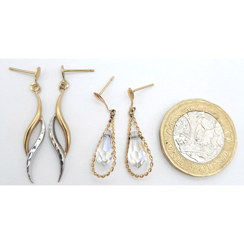 1606 - Two Pairs of 9K Gold Earrings - 'Wave Drop' Earrings. 3.5cm. White Stone drop - 2cm. 2g total weight... 