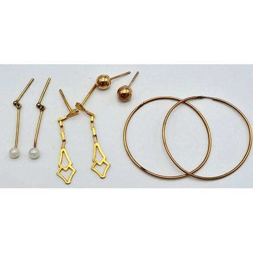 1627 - Four Different Style Pairs of 9K Gold Earrings. No backs. 1.75g total weight.