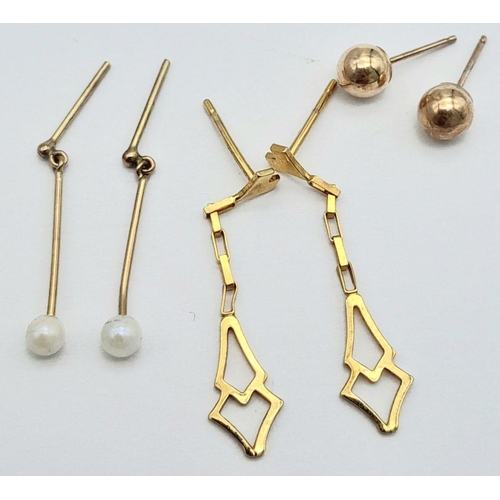 1627 - Four Different Style Pairs of 9K Gold Earrings. No backs. 1.75g total weight.