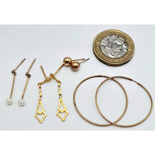 1627 - Four Different Style Pairs of 9K Gold Earrings. No backs. 1.75g total weight.