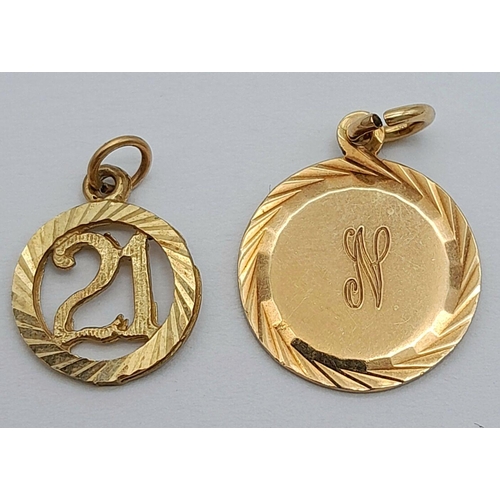 1634 - Two 9K Yellow Gold Pendants - 18 and 21! 2.1g total weight.