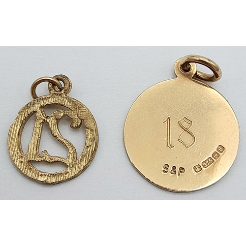 1634 - Two 9K Yellow Gold Pendants - 18 and 21! 2.1g total weight.