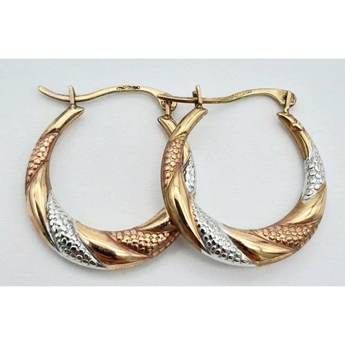 1654 - A Pair of 9K Tri-Colour Gold Small Hoop Earrings. 17mm. 1.2g.