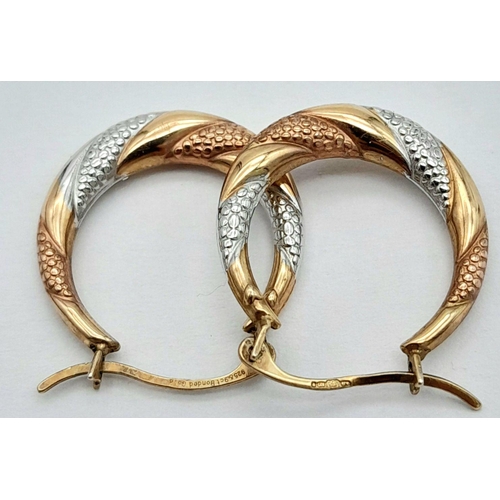 1654 - A Pair of 9K Tri-Colour Gold Small Hoop Earrings. 17mm. 1.2g.