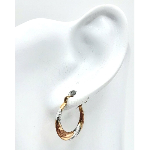 1654 - A Pair of 9K Tri-Colour Gold Small Hoop Earrings. 17mm. 1.2g.