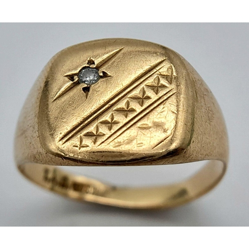 1759 - A Vintage 9K Yellow Gold Signet Ring with Solitary Diamond. 
Size Q. 3.8g.