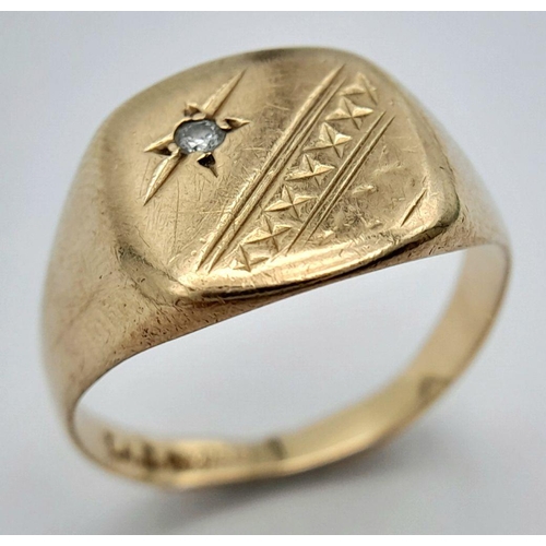 1759 - A Vintage 9K Yellow Gold Signet Ring with Solitary Diamond. 
Size Q. 3.8g.