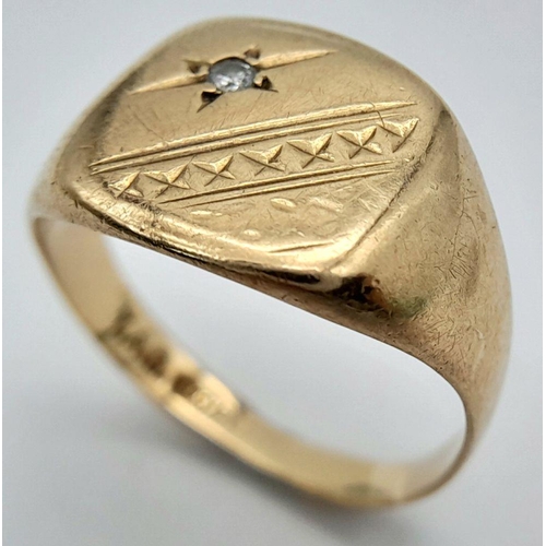 1759 - A Vintage 9K Yellow Gold Signet Ring with Solitary Diamond. 
Size Q. 3.8g.