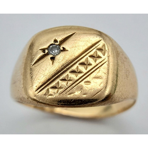 1759 - A Vintage 9K Yellow Gold Signet Ring with Solitary Diamond. 
Size Q. 3.8g.