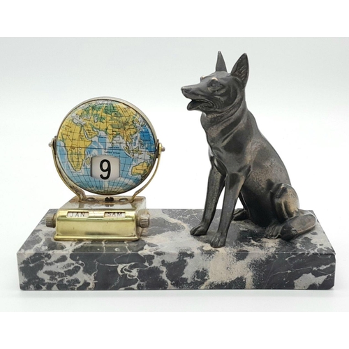 2002 - A Vintage French Alsatian Calendar Desk Piece. Bronze Alsatian on a marble base. Twist calendar in w... 