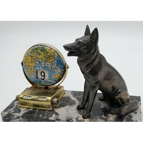 2002 - A Vintage French Alsatian Calendar Desk Piece. Bronze Alsatian on a marble base. Twist calendar in w... 