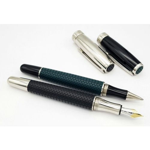 256 - A Wonderful Chopard Pen Set: Chopard palladium plated roller pen and a black lacquer fountain pen wi... 