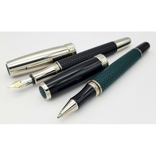 256 - A Wonderful Chopard Pen Set: Chopard palladium plated roller pen and a black lacquer fountain pen wi... 