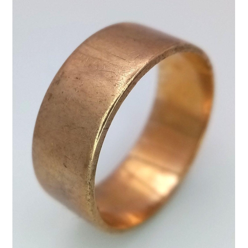 296 - A Vintage 9K Yellow Gold Band Ring. Size O 1/2. 4g. 7mm width.