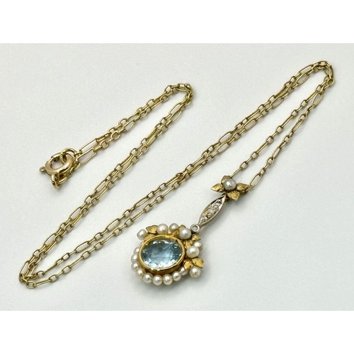 326 - An Antique 9K Gold, Aquamarine and Seed Pearl Pendant on a 9K Gold Necklace. 3cm and 42cm. 4.1g tota... 