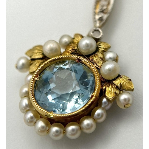 326 - An Antique 9K Gold, Aquamarine and Seed Pearl Pendant on a 9K Gold Necklace. 3cm and 42cm. 4.1g tota... 