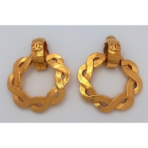 459 - A Pair of Designer Chanel Gold Plated Woven Circular Clip-On Earrings. 5cm x 4cm. Comes in original ... 