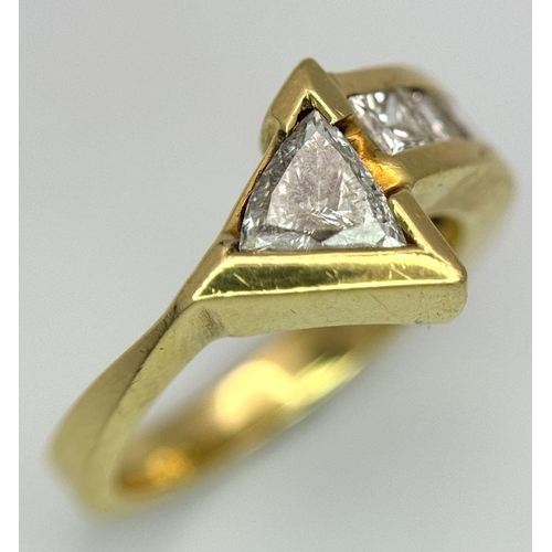 46 - Two 18K Gold Diamond Rings: An 18K yellow gold princess and trillion cut diamond arrowhead ring - 1.... 