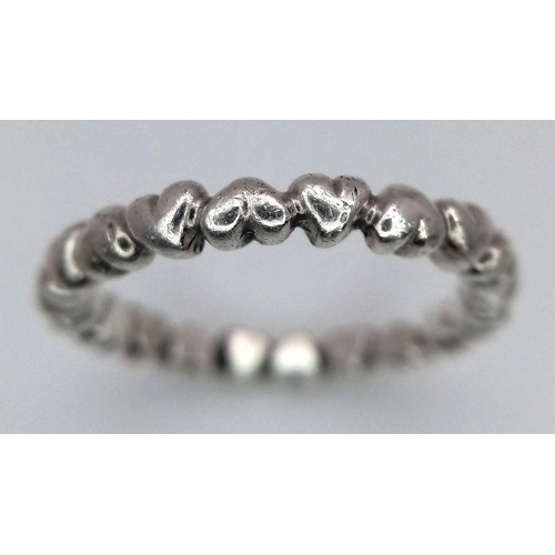 1084 - A PANDORA STERLING SILVER HEART BAND RING 2.9G TOTAL WEIGHT, SIZE O. Ref: SC 7094