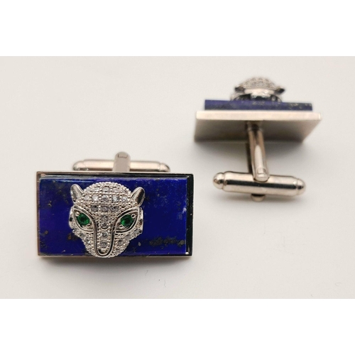 1710 - A pair of lapis panther cufflinks. Total weight: 20.7g. Comes with a presentation box.