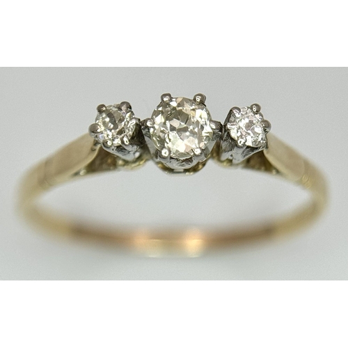 216 - A 18K YELLOW GOLD VINTAGE 3 STONE OLD CUT DIAMOND RING 0.20CT 1.7G SIZE P 1/2. Ref: SC 7063