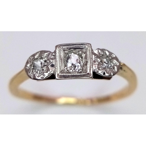 244 - A 18K YELLOW GOLD & PLATINUM VINTAGE OLD CUT DIAMOND 3 STONE RING 1.8G SIZE P. Ref: SC 7068