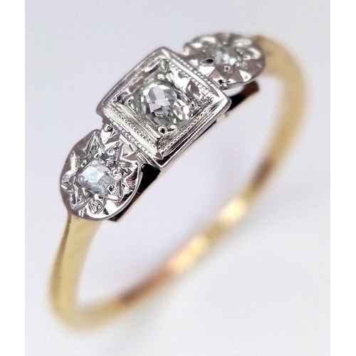 244 - A 18K YELLOW GOLD & PLATINUM VINTAGE OLD CUT DIAMOND 3 STONE RING 1.8G SIZE P. Ref: SC 7068