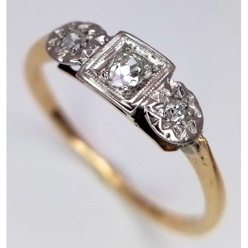 244 - A 18K YELLOW GOLD & PLATINUM VINTAGE OLD CUT DIAMOND 3 STONE RING 1.8G SIZE P. Ref: SC 7068