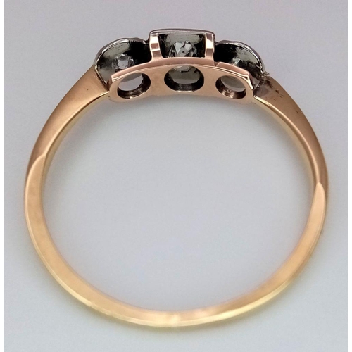 244 - A 18K YELLOW GOLD & PLATINUM VINTAGE OLD CUT DIAMOND 3 STONE RING 1.8G SIZE P. Ref: SC 7068