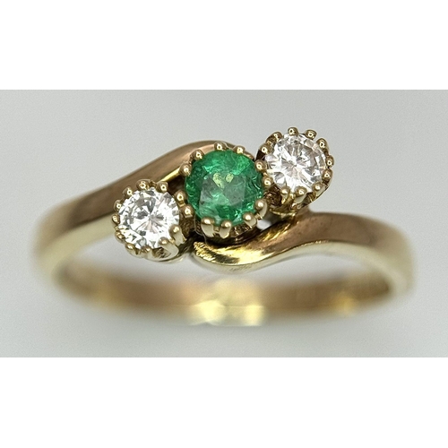 265 - A 9K YELLOW GOLD DIAMOND & EMERALD 3 STONE TWIST RING 0.15CT 2.7G SIZE M. Ref: SC 7037